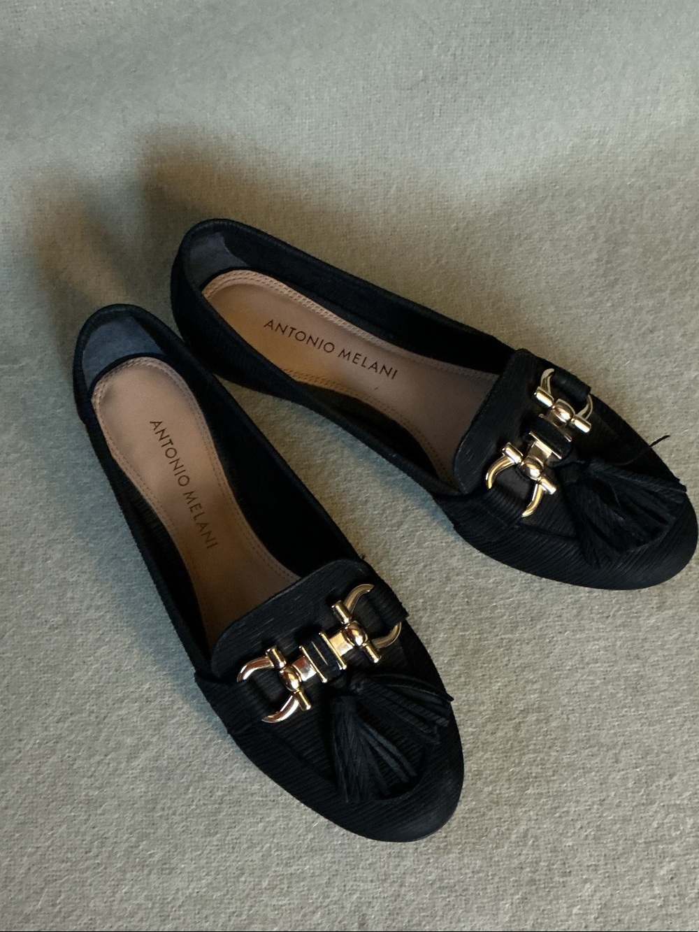 ANTONIO MELANI Black Tassel Loafers with Gold Accents